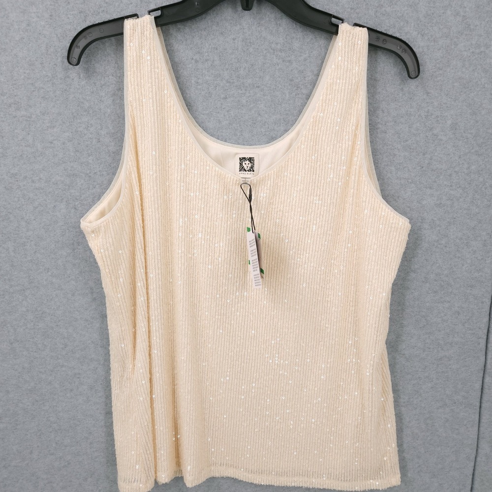 Anne Klein Sequin Double Scoop Sleeveless Parchment Tank Top Womens‎ Size L NWT